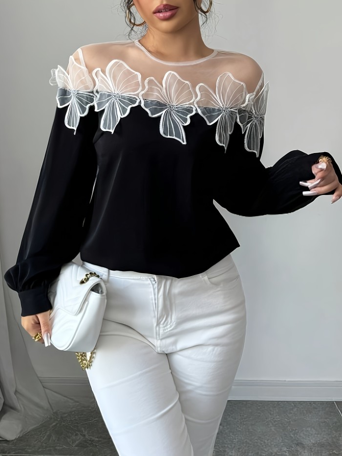 Polyester Blouse with Elastane Knit Elegant Off-Shoulder Women's Blouse, Color Block Design with Mesh Detail, Polyester and Elastane, Knit Fabric - Spring\u002FAutumn