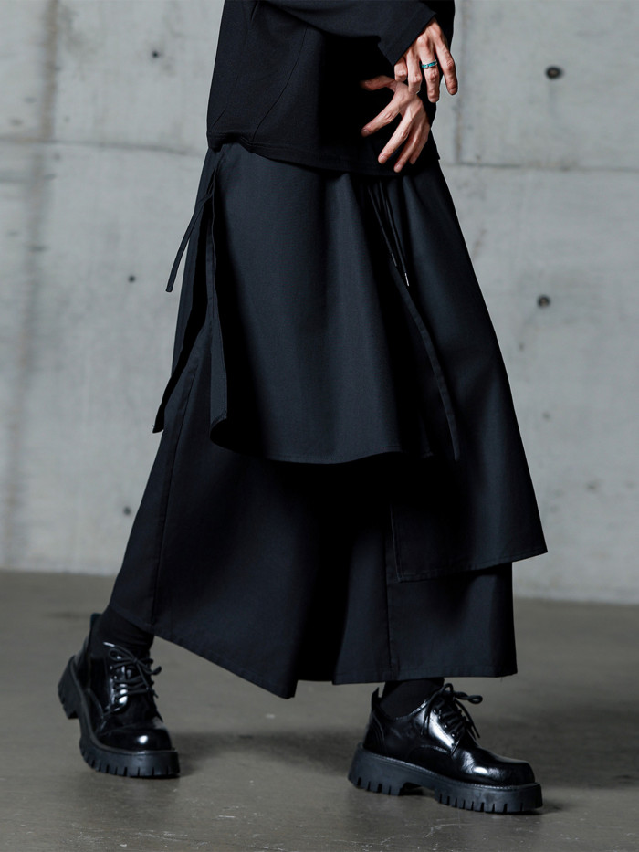 Unique Black Wide-Leg Pants with Asymmetrical Hem - Loose Fit, High-Waisted, Japanese-Inspired Design, Polyester, Machine Washable - Perfect for Fall\u002FWinter