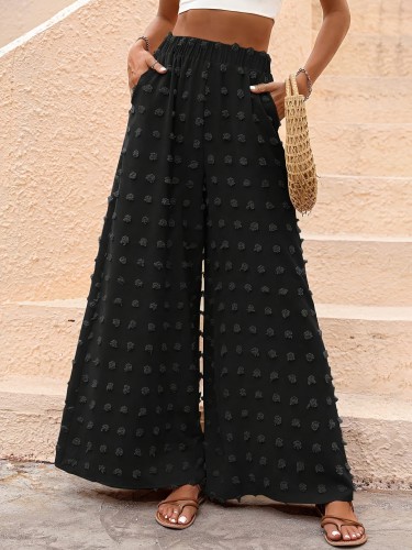 100% Polyester Women's Elegant Wide Leg Palazzo Pants - Solid Color Spring\u002FSummer Chic Flowy Design Trousers for Adults with Woven Fabric