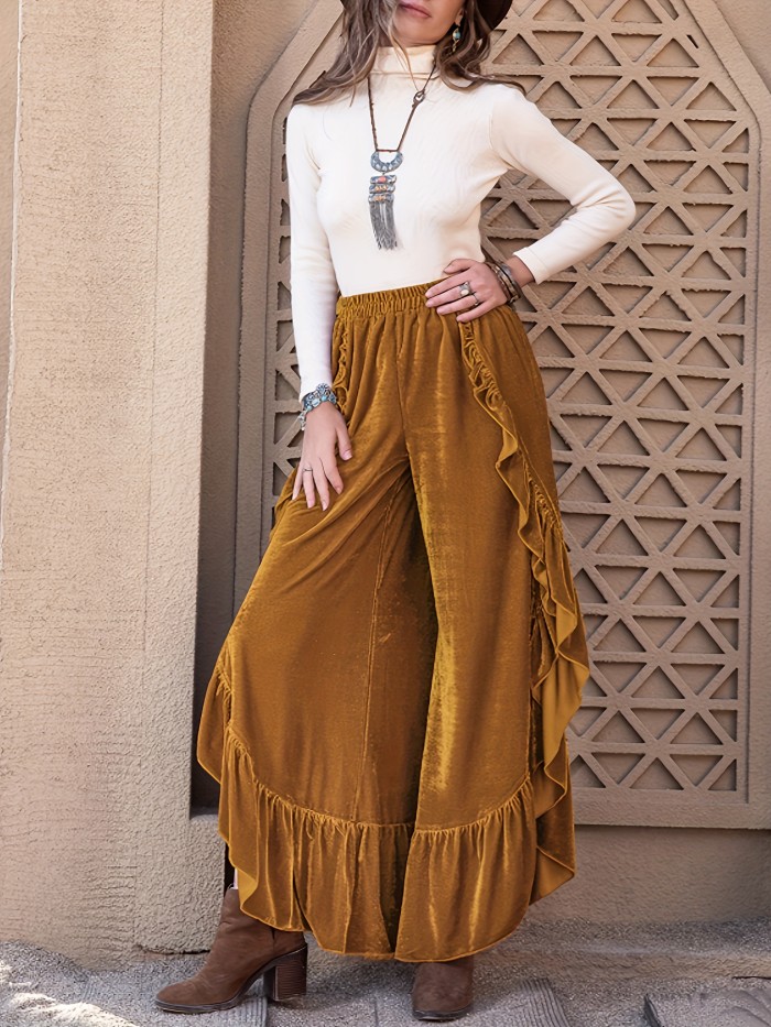 Long Loose Fit Velvet Pants - Elegant Solid Color Knit Fabric, Elastic Waist, Ruffle Detail, Casual Outfit, All-Season Comfort for Women