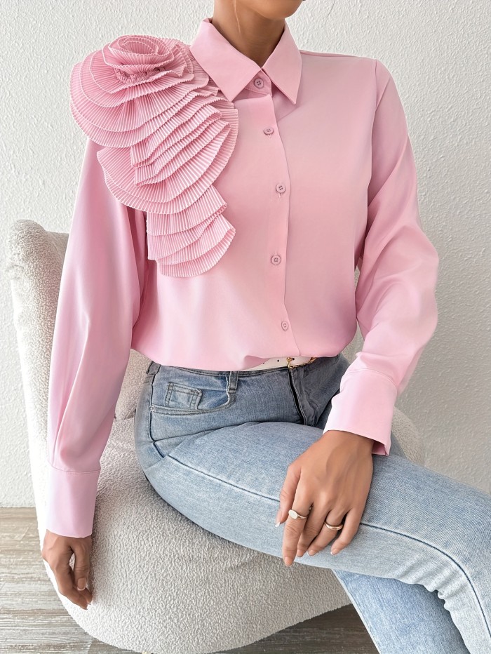 Elegant Women's Long Sleeve Blouse with Floral Appliqué - Pink Polyester, Button-Up Collared Shirt, Machine Washable, Perfect for Spring\u002FSummer Fashion