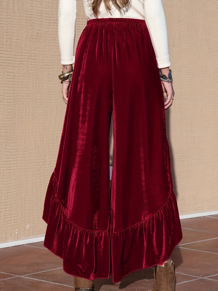 Long Loose Fit Velvet Pants - Elegant Solid Color Knit Fabric, Elastic Waist, Ruffle Detail, Casual Outfit, All-Season Comfort for Women