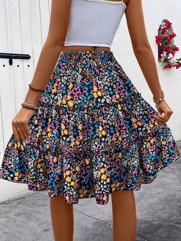 Print Skirt - Vibrant Blue, High-Waisted A-Line, Polyester Blend, Machine Washable, Perfect for Spring\u002FSummer\u002FFall