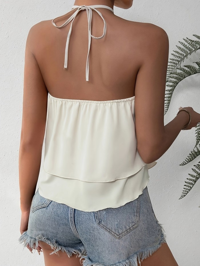 Elegant Halter Neck Blouse with Floral Detail - Double Layered Ruffle Hem, Sleeveless Polyester Top for Women, Machine Washable, Summer Fashion Top|Ruffled Hem Detail|Halter Neck Design