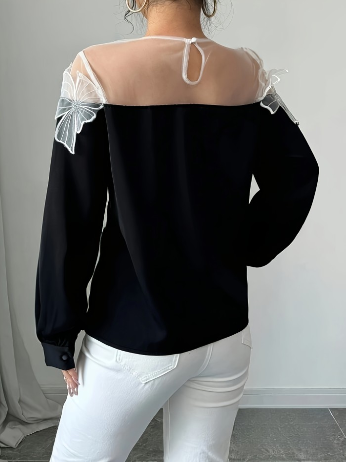 Polyester Blouse with Elastane Knit Elegant Off-Shoulder Women's Blouse, Color Block Design with Mesh Detail, Polyester and Elastane, Knit Fabric - Spring\u002FAutumn