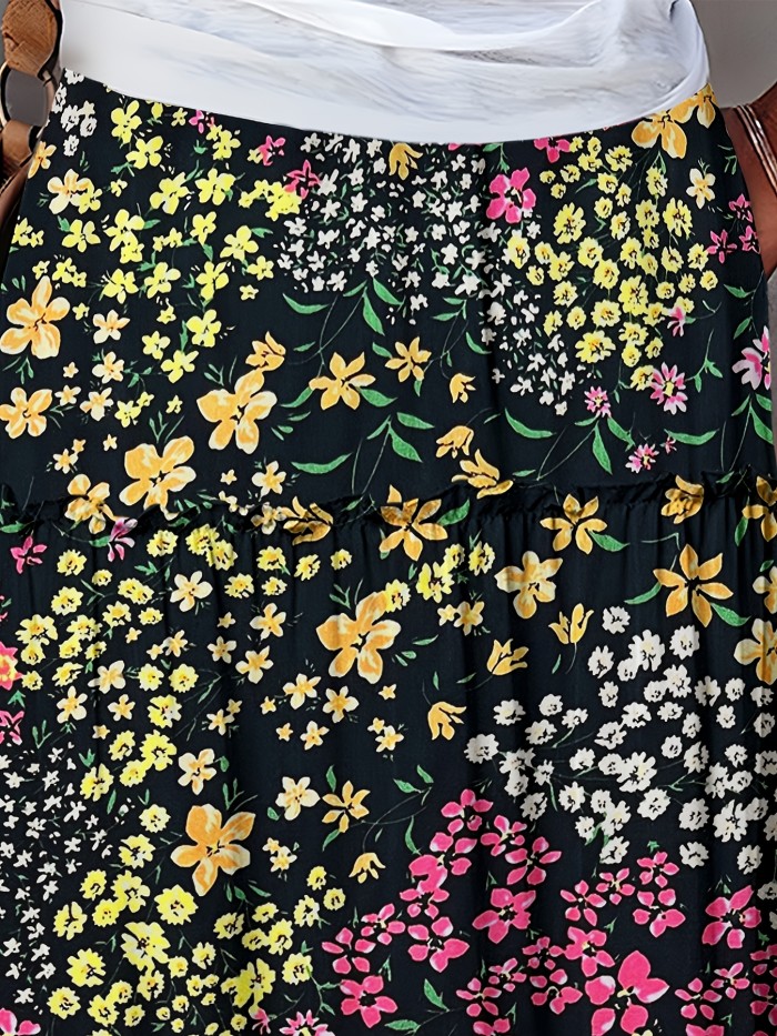 Summer Vibes) Women's Floral Print Long Skirt, 100% Polyester Casual Style with Frill Detail, Woven Spring\u002FSummer Maxi Skirt