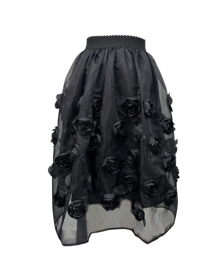 Graceful Look Elegant French-Inspired High-Waist Midi Skirt with Delicate 3D Floral Appliqués, Flowy Tulle Overlay - Chic Black Polyester, Machine Washable for All Seasons, Chic Formal Wear|Frenchinspired Fashion|Woven Texture