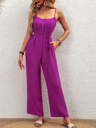 Solid Color Spaghetti Jumpsuit Solid Color Spaghetti Strap Jumpsuit, Casual Sleeveless Tie Waist Wide Leg Jumpsuit For Spring & Summer, Women's Clothing