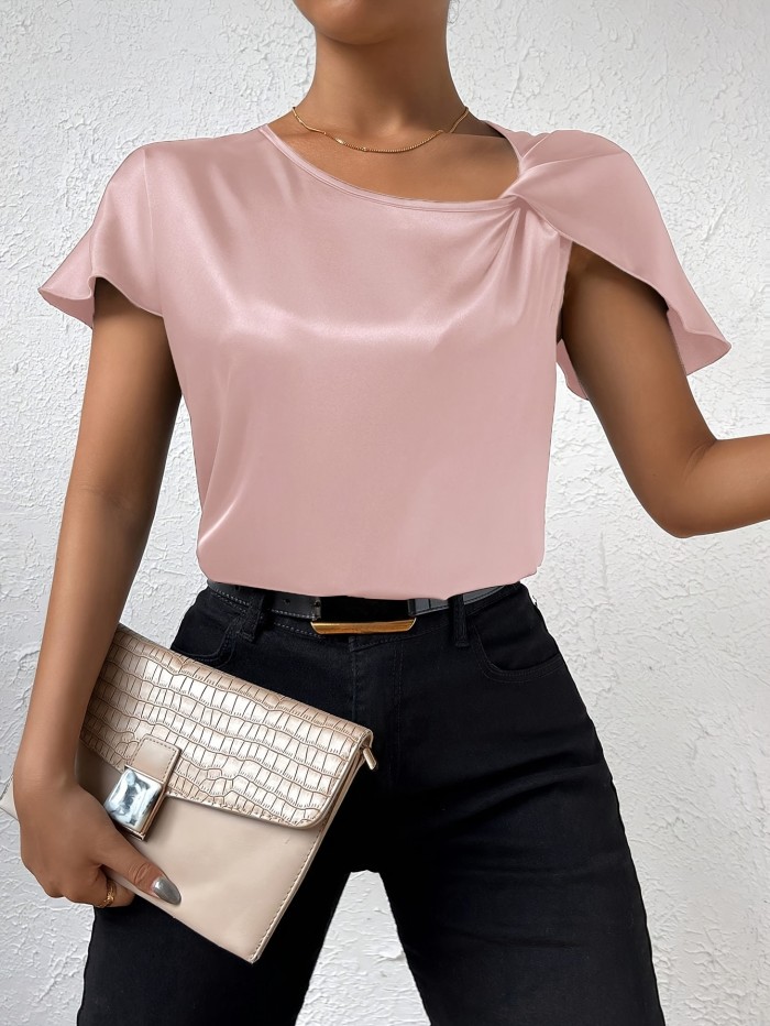 Summer Women's Shirt Solid Color Asymmetric Collar Shoulder Twist Shirt