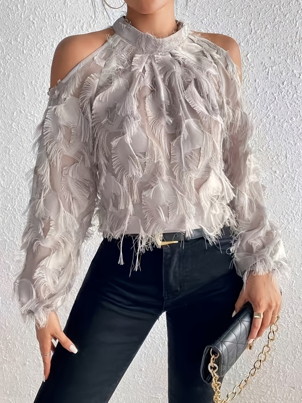 Elegant Women's Cold Plush Blouse - Sheer Polyester, Round Neck, Long Sleeves with Fluffy Detail, Perfect for All Seasons