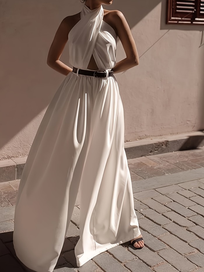 Elegant Halter Neck Solid Color Culottes Dress for Adult - Spring\u002FSummer Collection - Polyester Knit Fabric, 150 g\u002Fm²
