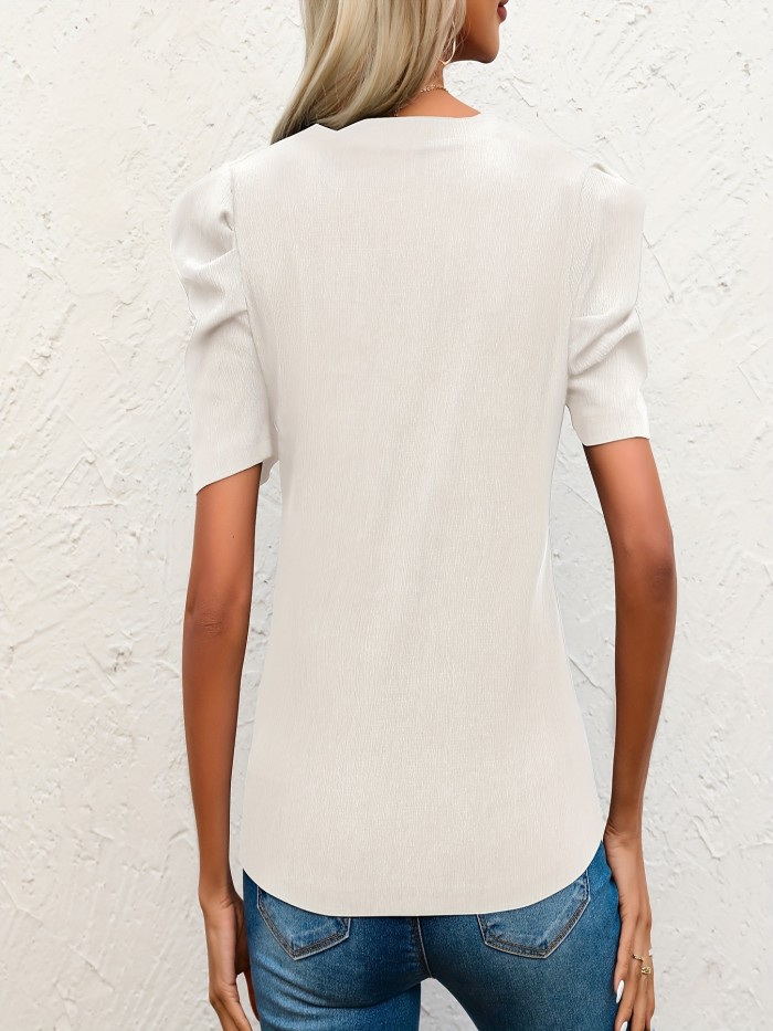 Solid Crew Neck T-Shirt Solid Color Crew Neck T-Shirt, Casual Puff Sleeve Top For Spring & Summer, Women's Clothing