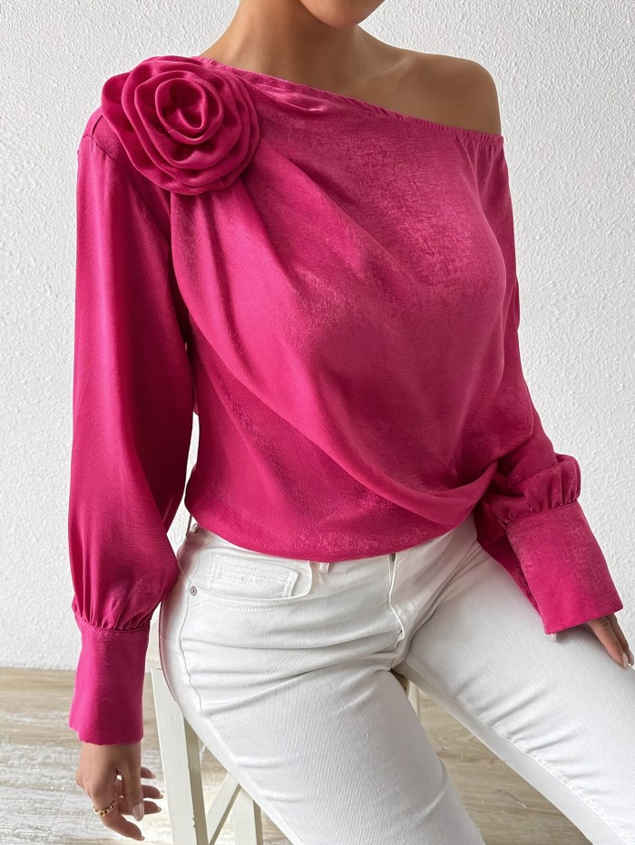 Elegant Off-Shoulder Satin Blouse with Floral Detail - Long Sleeve, Asymmetrical Hem, Bright Pink, Polyester, Women's Fashion Top for Casual or Evening Wear