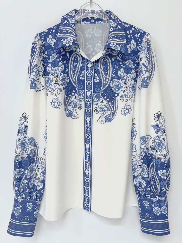 Paisley Print Button Up Shirt Paisley Print Button Up Shirt, Vacation Style Lantern Sleeve Shirt For Spring & Fall, Women's Clothing
