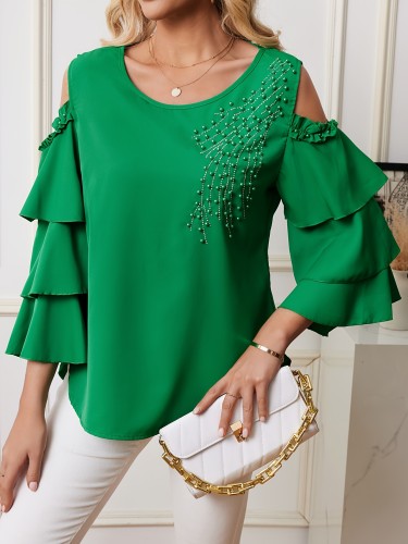 Pearl Accented Ruffle Sleeve Polyester Blouse - Elegant Crew Neck for Spring\u002FSummer - Three-Layer Earlobe