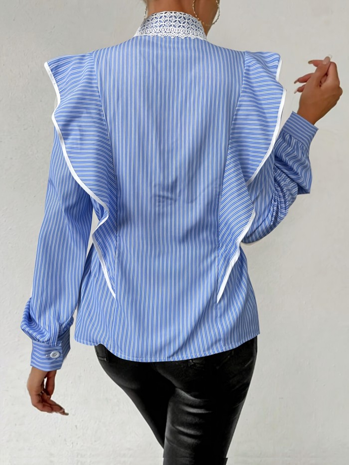 Machine Washable Ruffle Detail Shirt Elegant Striped Long Sleeve Shirt with Lace Trim and Ruffle Detail, Polyester, Machine Washable, Hole Lace, Color Block, Waist Pleats