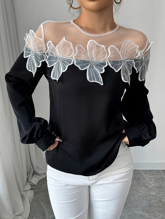 Polyester Blouse with Elastane Knit Elegant Off-Shoulder Women's Blouse, Color Block Design with Mesh Detail, Polyester and Elastane, Knit Fabric - Spring\u002FAutumn