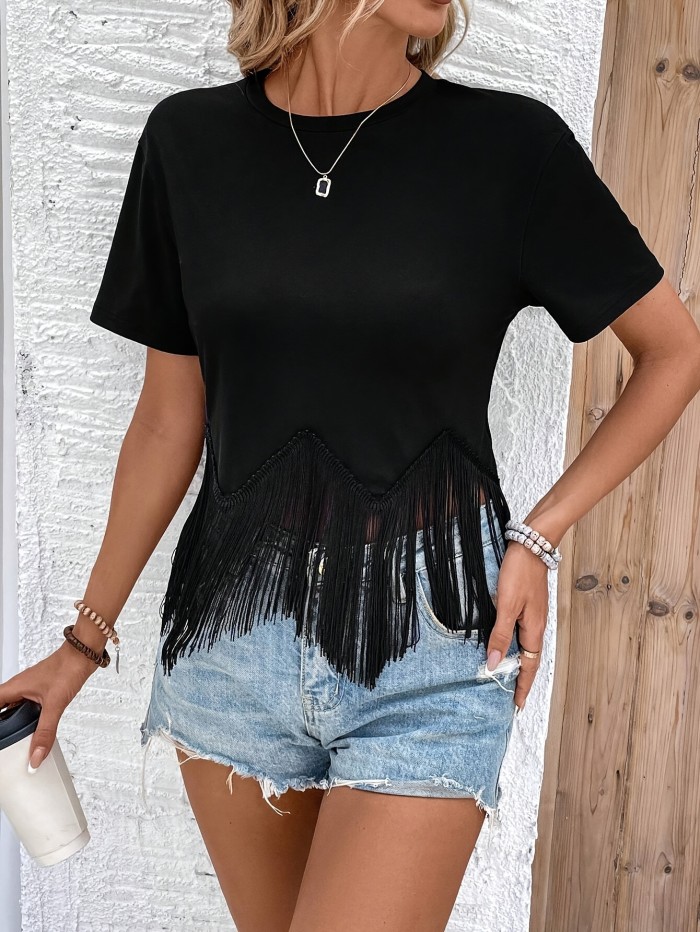 Women's Elegant Black Tassel Trim T-Shirt - Short Sleeve, Round Neck, Lightweight Polyester, Machine Washable - Perfect for Spring\u002FSummer Casual Wear