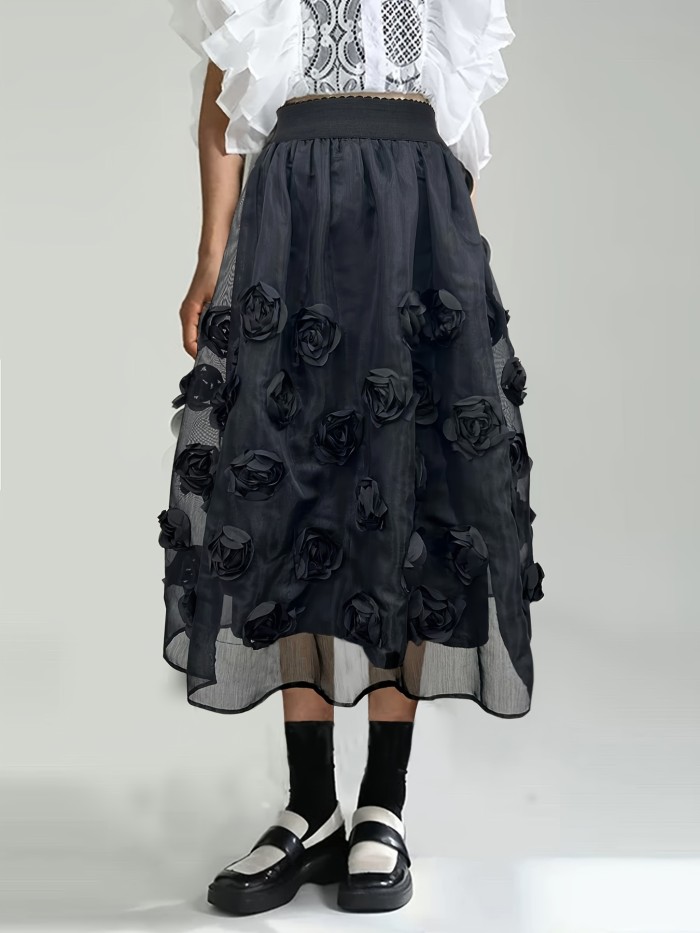Graceful Look Elegant French-Inspired High-Waist Midi Skirt with Delicate 3D Floral Appliqués, Flowy Tulle Overlay - Chic Black Polyester, Machine Washable for All Seasons, Chic Formal Wear|Frenchinspired Fashion|Woven Texture