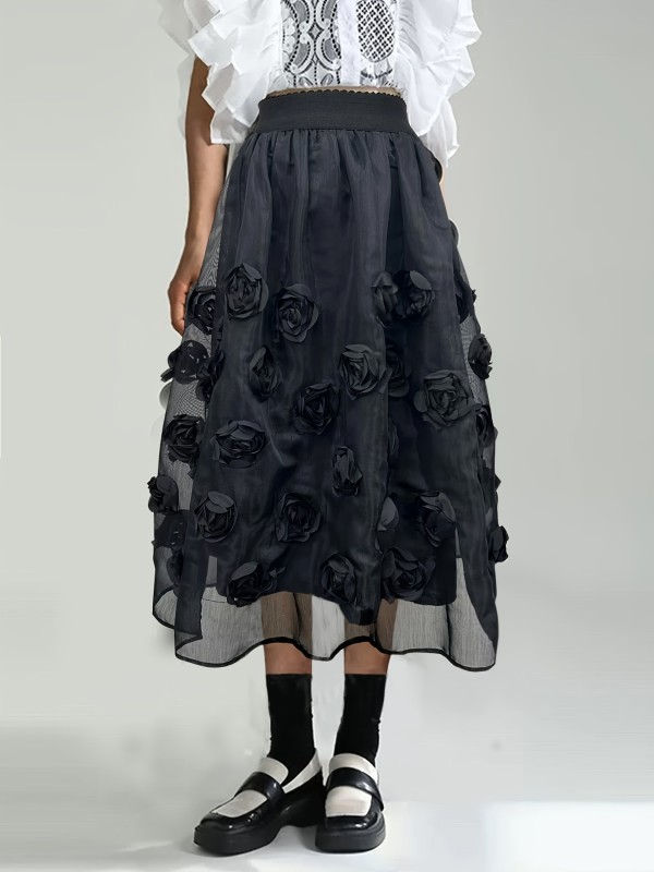 Graceful Look Elegant French-Inspired High-Waist Midi Skirt with Delicate 3D Floral Appliqués, Flowy Tulle Overlay - Chic Black Polyester, Machine Washable for All Seasons, Chic Formal Wear|Frenchinspired Fashion|Woven Texture
