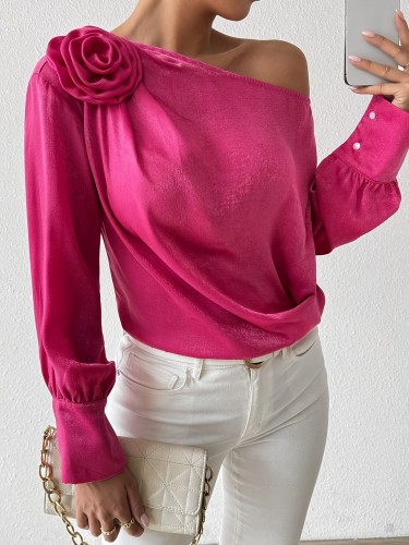 Elegant Off-Shoulder Satin Blouse with Floral Detail - Long Sleeve, Asymmetrical Hem, Bright Pink, Polyester, Women's Fashion Top for Casual or Evening Wear