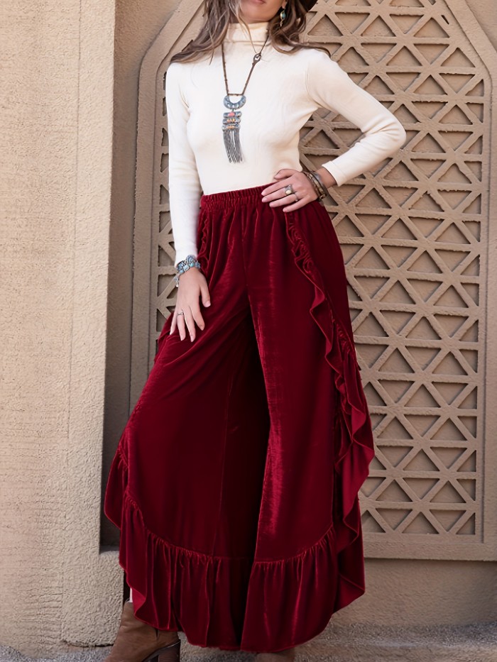 Long Loose Fit Velvet Pants - Elegant Solid Color Knit Fabric, Elastic Waist, Ruffle Detail, Casual Outfit, All-Season Comfort for Women