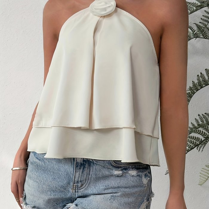 Elegant Halter Neck Blouse with Floral Detail - Double Layered Ruffle Hem, Sleeveless Polyester Top for Women, Machine Washable, Summer Fashion Top|Ruffled Hem Detail|Halter Neck Design