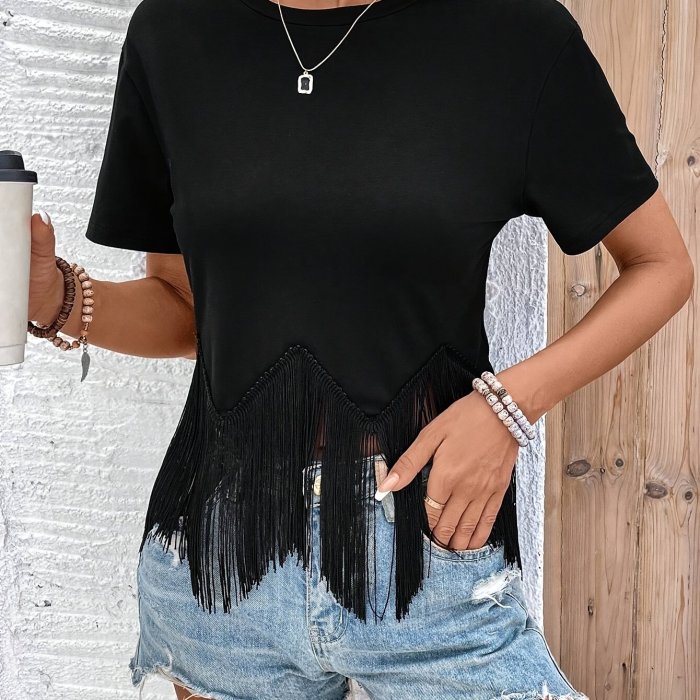 Women's Elegant Black Tassel Trim T-Shirt - Short Sleeve, Round Neck, Lightweight Polyester, Machine Washable - Perfect for Spring\u002FSummer Casual Wear