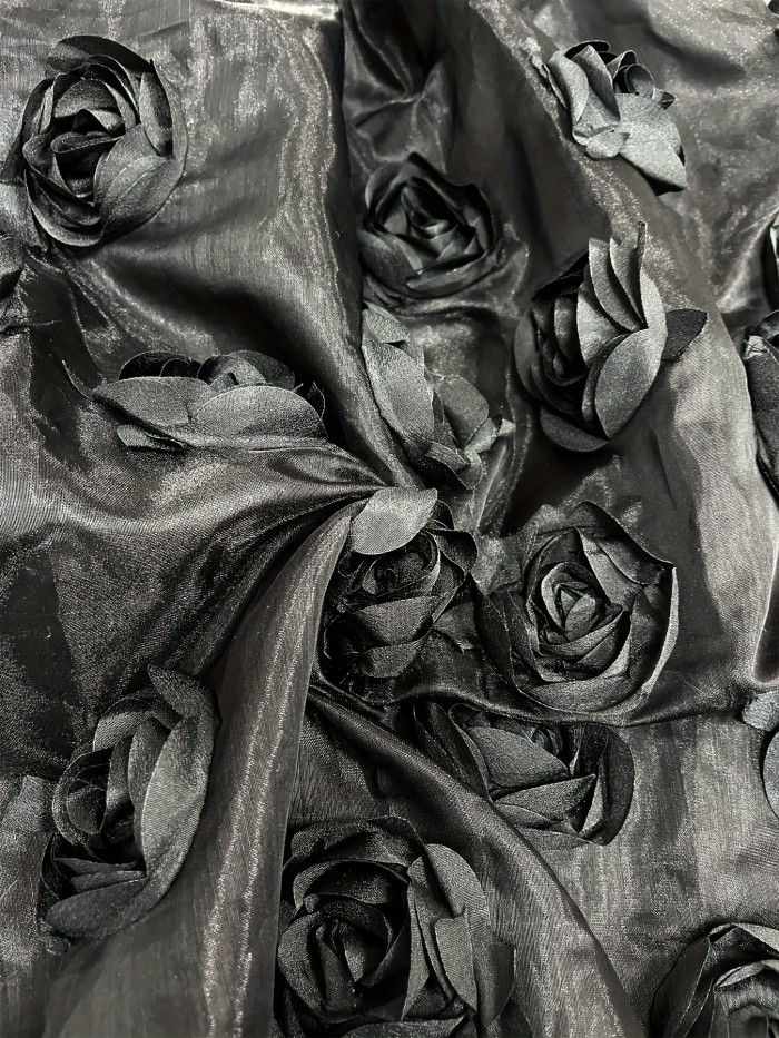 Graceful Look Elegant French-Inspired High-Waist Midi Skirt with Delicate 3D Floral Appliqués, Flowy Tulle Overlay - Chic Black Polyester, Machine Washable for All Seasons, Chic Formal Wear|Frenchinspired Fashion|Woven Texture
