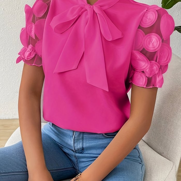 Elegant Tie Neck Blouse for Women, Polyester Woven Top with Contrast Mesh Detail, Solid Color Short Sleeve Shirt for Spring\u002FSummer