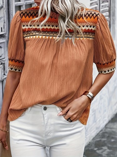 Geometric Print Blouse Geometric Print Pleated Short Puff Sleeve Blouse - Women's Casual Polyester Top with Spandex - Spring\u002FSummer Woven Shirt