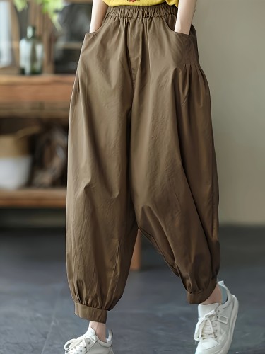 Women'S Casual Loose Fit Wide-Leg Pants - High Waist, Drawstring, Pockets, Polyester, All-Season Comfort, Everyday Commute Pants|Casual Wide Leg Pants|Polyester Fabric