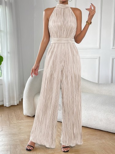 Elegant Women'S Solid Color Casual Textured Waist-Cinching Halter Wide Leg Jumpsuit, Polyester 100.0% Woven Fabric, Spring\u002FSummer\u002FFall Season, Perfect for Adults, Casual Chic | Minimalist Style | Woven Texture, Jumpsuit for Leisure