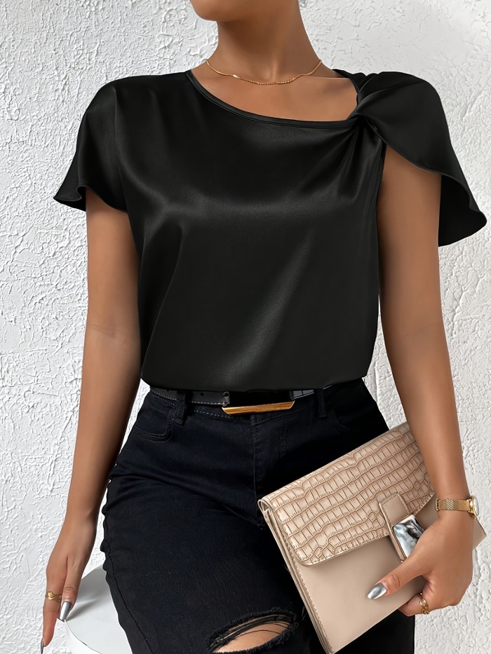 Summer Women's Shirt Solid Color Asymmetric Collar Shoulder Twist Shirt