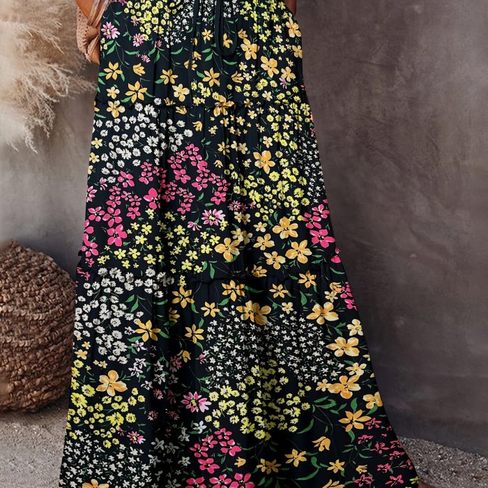 Summer Vibes) Women's Floral Print Long Skirt, 100% Polyester Casual Style with Frill Detail, Woven Spring\u002FSummer Maxi Skirt