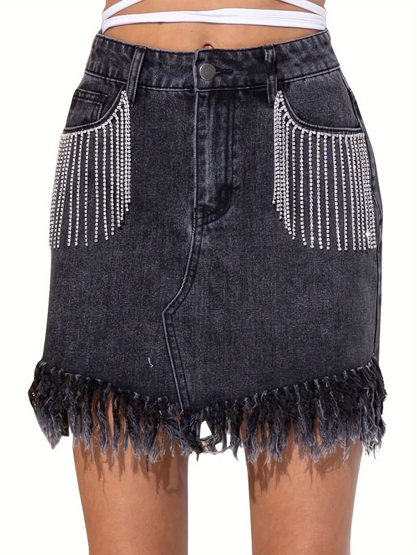 Rhinestones Tassel Women Jean Dress Women Sexy Rhinestones Tassel Denim Skirt Summer Frayed Hem Bodycon Jean Mini Dress