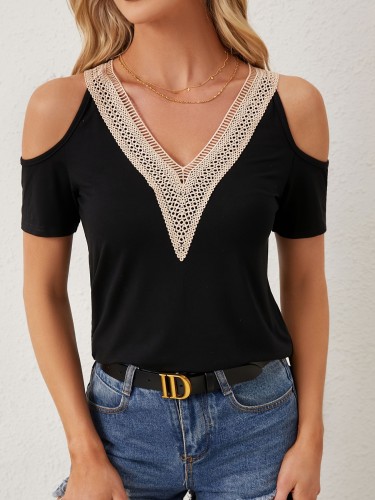 V Neck Cold Shoulder Tee Cold Shoulder V Neck T-Shirt, Casual Short Sleeve Lace Trim T-Shirt For Spring & Summer, Women's Clothing