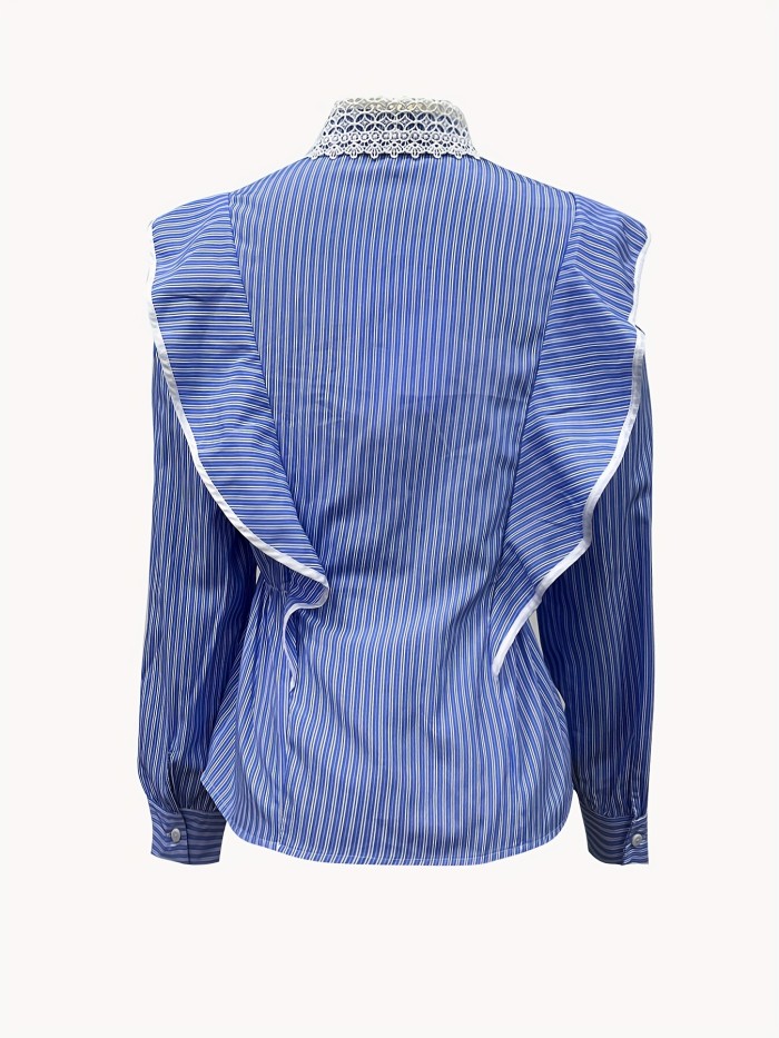 Machine Washable Ruffle Detail Shirt Elegant Striped Long Sleeve Shirt with Lace Trim and Ruffle Detail, Polyester, Machine Washable, Hole Lace, Color Block, Waist Pleats