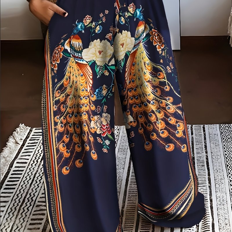 2023 Fashion Peacock Printed Long Pants - Single-Sided Brushed, Stylish for Casual Wear