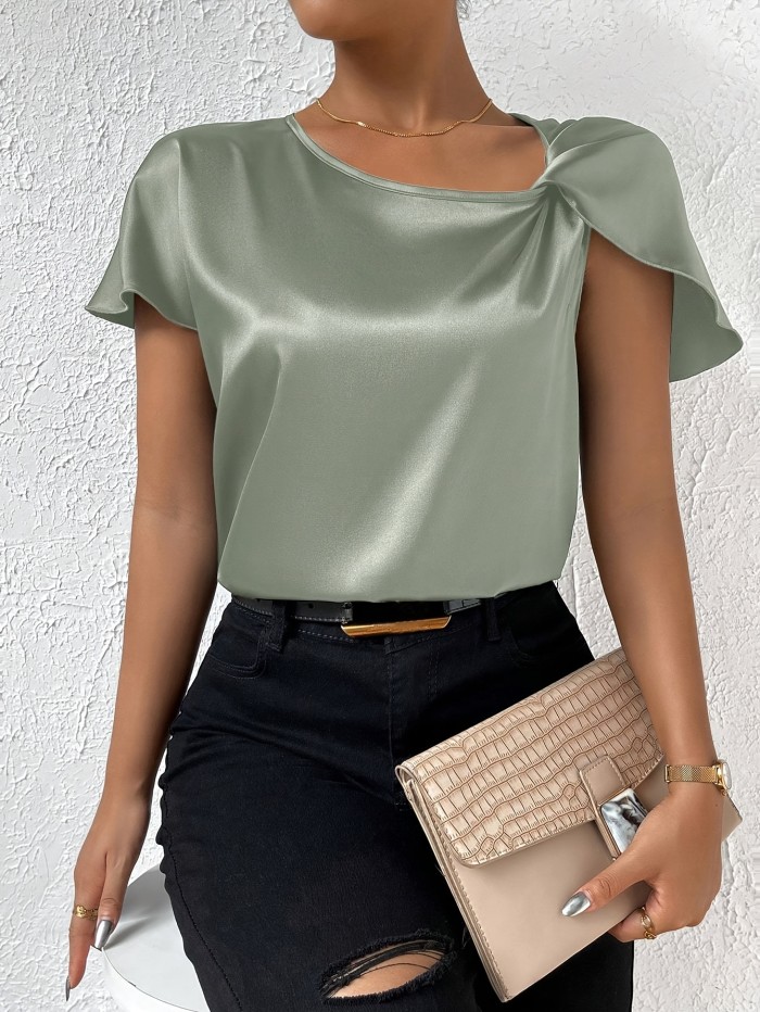Summer Women's Shirt Solid Color Asymmetric Collar Shoulder Twist Shirt