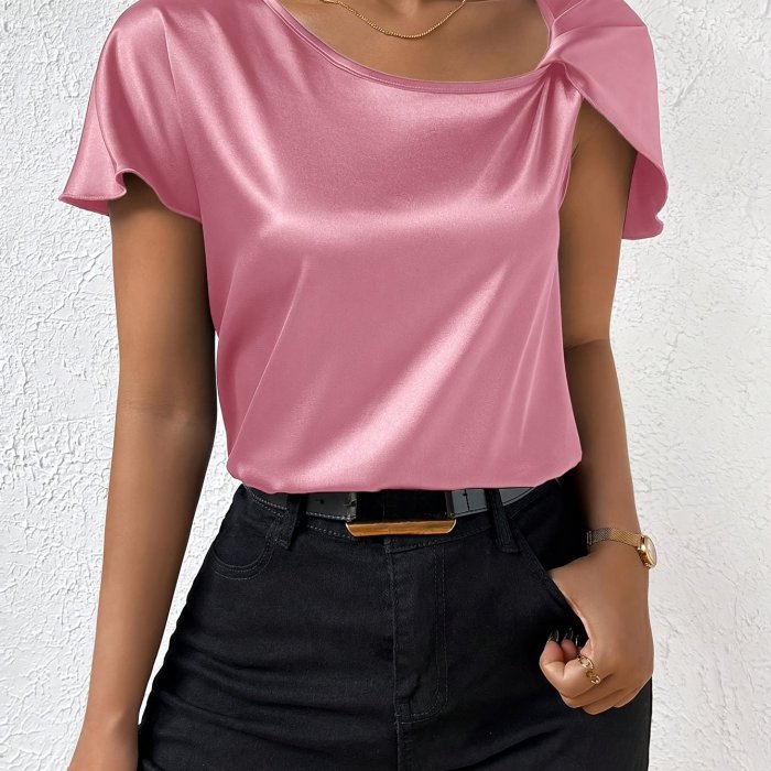 Summer Women's Shirt Solid Color Asymmetric Collar Shoulder Twist Shirt