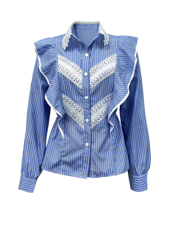 Machine Washable Ruffle Detail Shirt Elegant Striped Long Sleeve Shirt with Lace Trim and Ruffle Detail, Polyester, Machine Washable, Hole Lace, Color Block, Waist Pleats