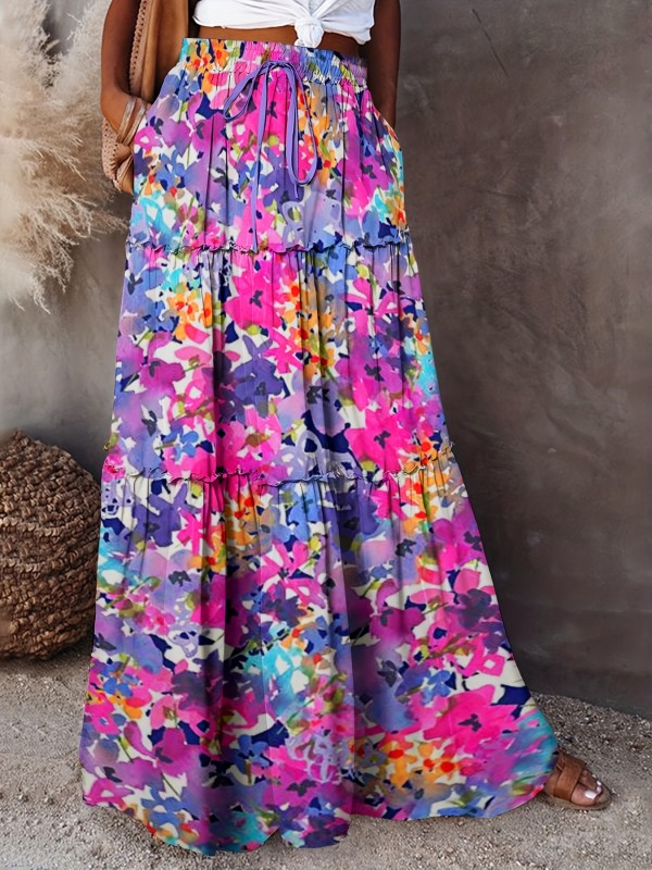 Casual Polyester Pants with Frill 1pc Women'S Spring\u002FSummer 2024 Floral Print Ruffle Hem Long Skirt, Casual Polyester Woven Pants with Frill Detail, 100% Polyester, Vibrant Colors