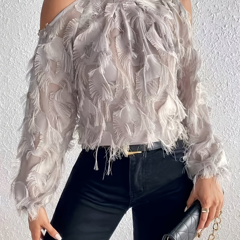 Elegant Women's Cold Plush Blouse - Sheer Polyester, Round Neck, Long Sleeves with Fluffy Detail, Perfect for All Seasons