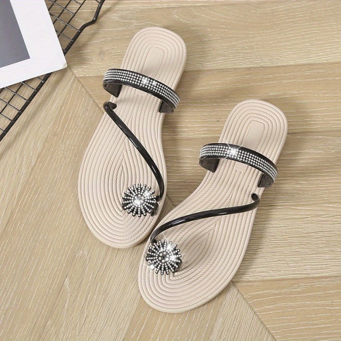 Women's Flower Rhinestone Flat Flip Flops - Fashion Open Toe Non Slip Toe Loop Slides Shoes - Casual Beach Slippers - For Women - Summer Beachwear - Perfect Gift for Vacation