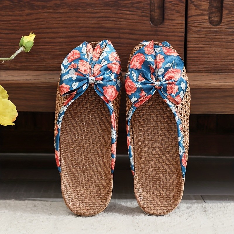 Lightweight Breathable Summer Floral Print Flip Flops, Soft Linen Sole Non-slip Bedroom Slippers