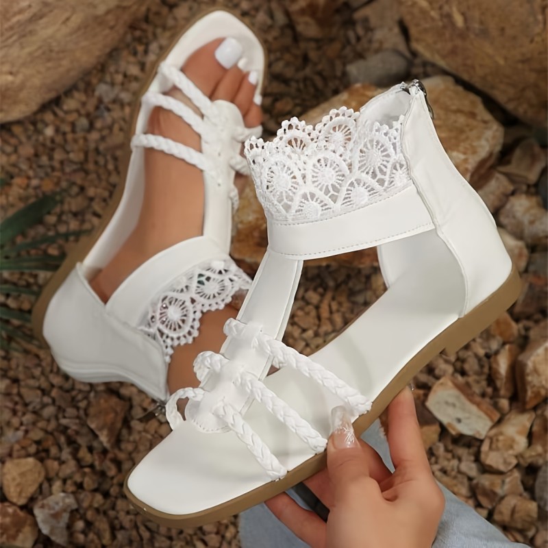Women's Solid Color Elegant Sandals, Back Zipper Lightweight Flat Lace Rim Sandals, Summer High-top Braided Vacation Shoes