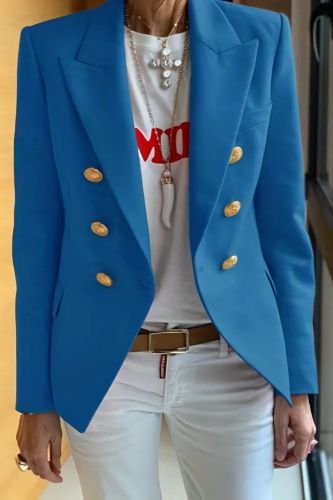 Lapel Double Breasted Blazer, Elegant Long Sleeve Solid Open Front Work Office Outerwear, Women's Clothing
