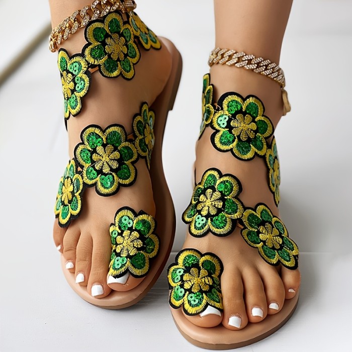 Pearl Flower Sandels Cute Dressy Pearl Flower Glitter Rhinestone Flat Sandels Summer Flip-Flops