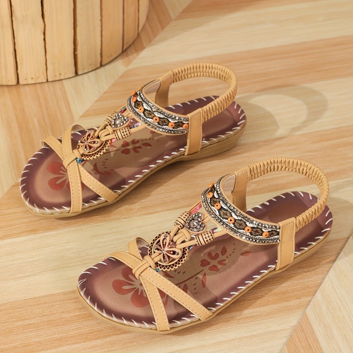 Boho Style Rhinestone Butterfly Flat Sandals - Women's Open Toe Elastic Strap Summer Shoes - Casual Slip On Beach Sandals for Holiday